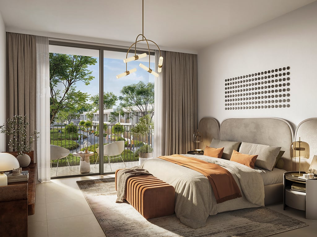 Interior render of an Alva at The Valley townhouse by Emaar Properties — principal bedroom