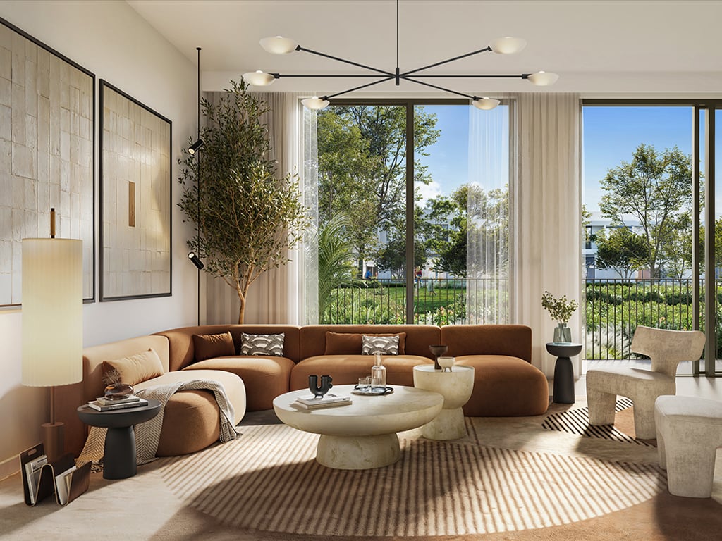 Interior render of an Alva at The Valley townhouse by Emaar Properties — living area