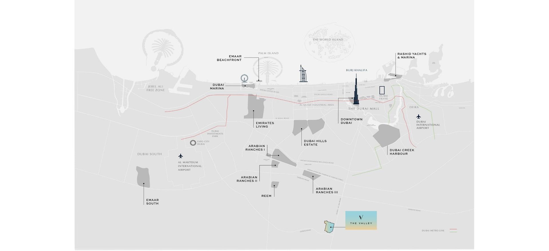 Map showing the location of The Valley by Emaar Properties relative to Downtown Dubai, Dubai Hills Estate and Dubai International Airport