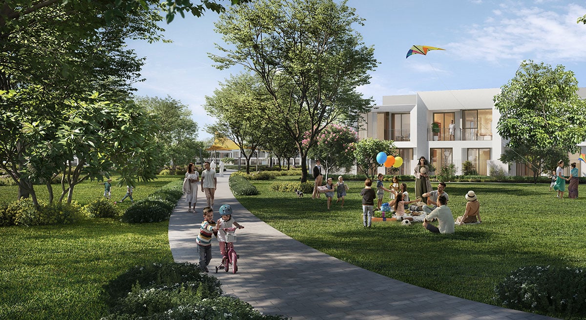 Landscaped parkland and townhouses at Alva at The Valley by Emaar Properties